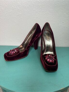 BCBG Max Azria Velvet Burgundy Jeweled Block Heel Pumps
